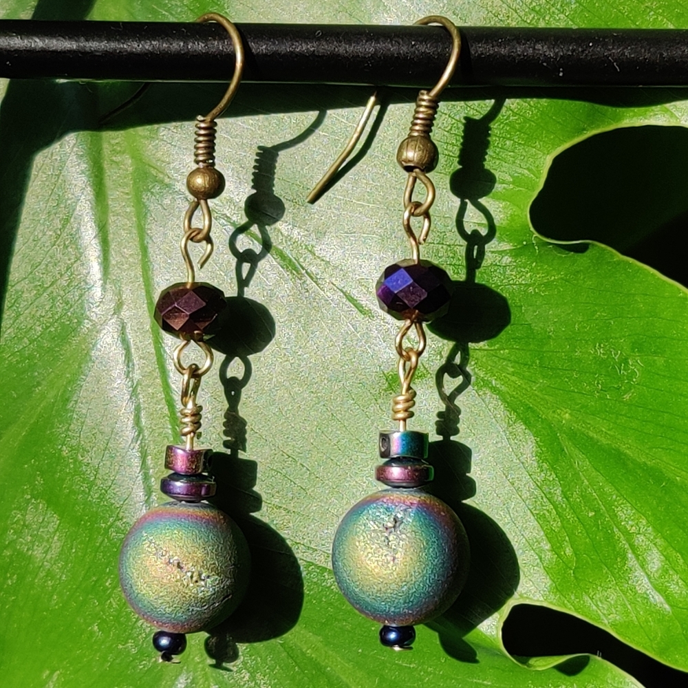 Colorful Titanium Quartz & Titanium Hematite Handcrafted Gemstone Earrings